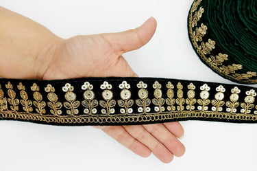 Velvet Floral Embroidered Sequins Trim Indian Sari Border, Sequin Trimming, Sequinned Lace